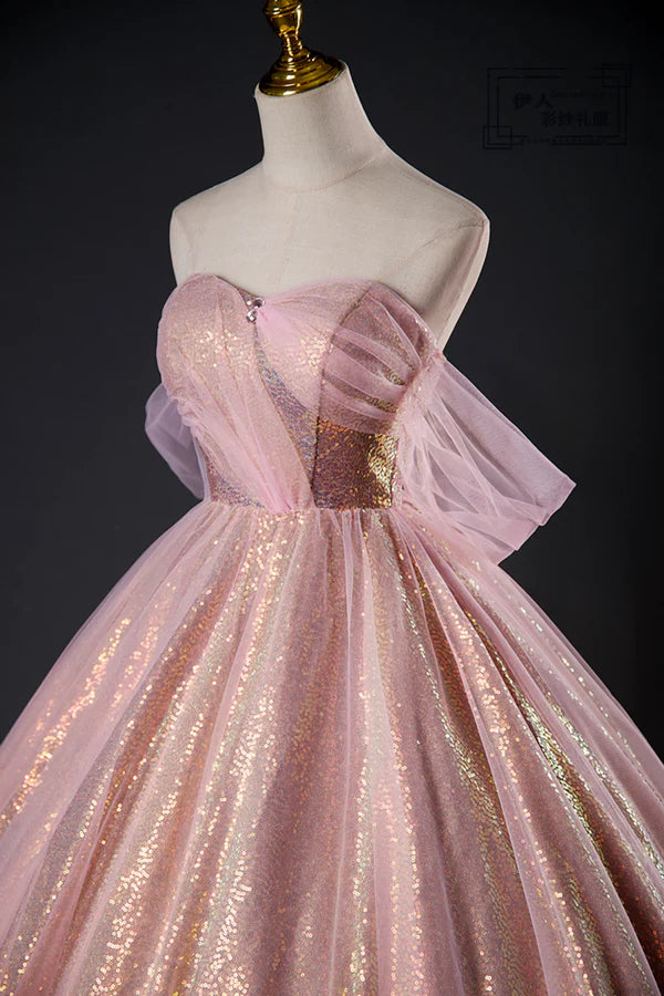 Wholesale Shiny Tulle Sequins Long Prom Dress Beautiful Pink Formal Dress Sweet 16 Dress
